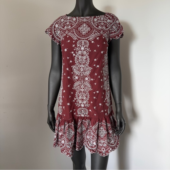 Anthropologie Feather Bone Burgundy & White Mini Dress XS - Picture 1 of 7